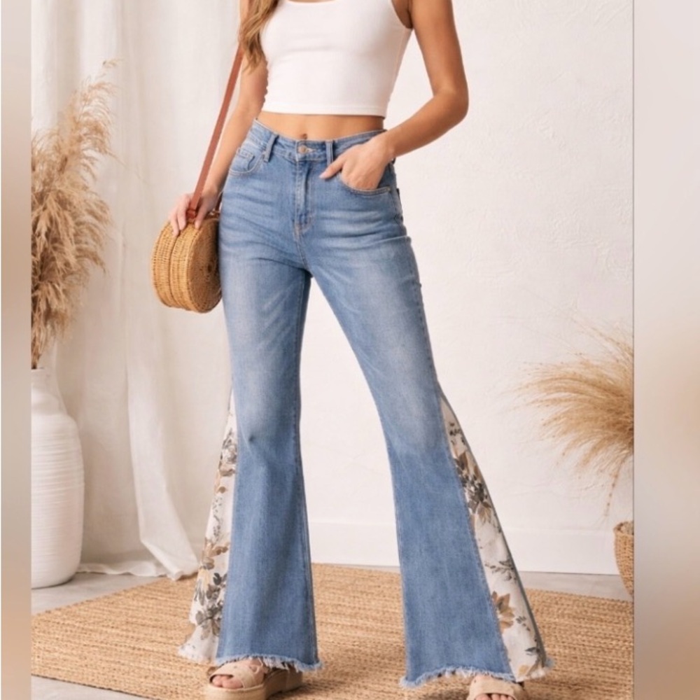 Floral Panel Blue Flare Jeans